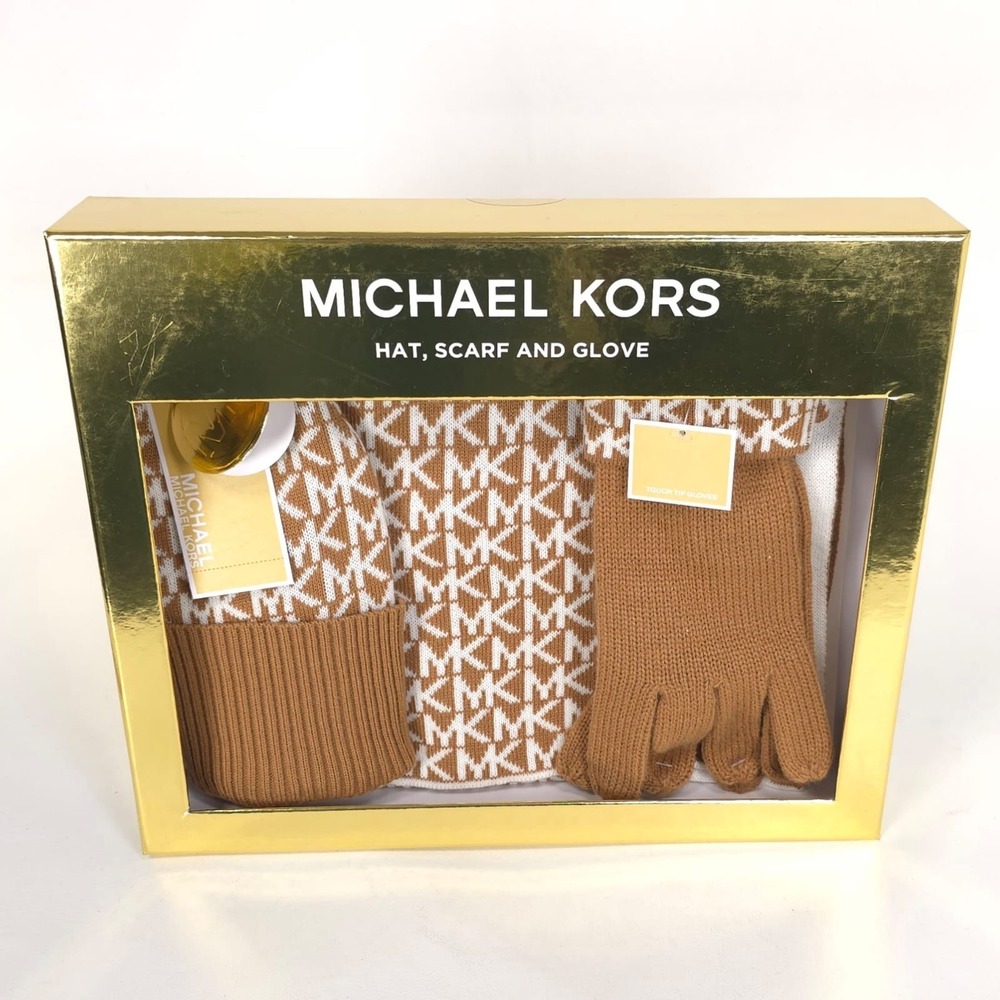 MICHAEL KORS Women's New Set Beanie Hat Scarf Touch Gloves Camel MK Logo OneSize